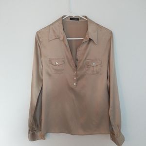 100% Silk_Gold Tone Long Sleeve Blouse